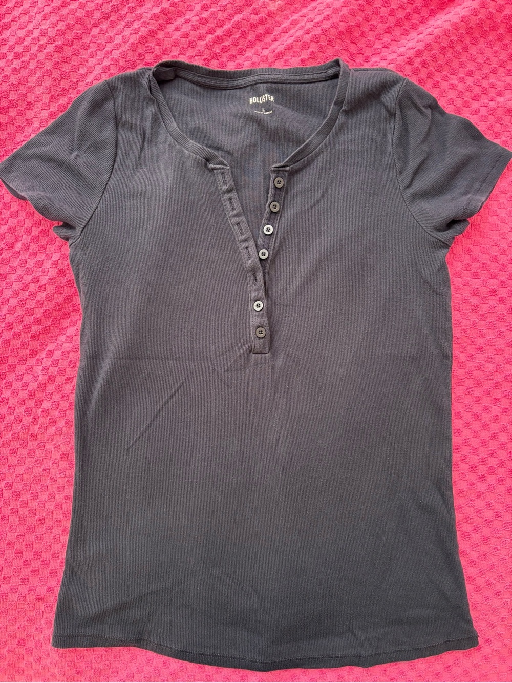 Hollister Women's Navy Blue Short-Sleeve Henley Top